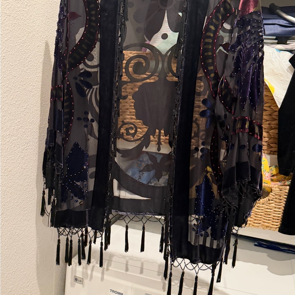 Black Sheer Beaded Kimono with Fringe